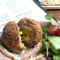 I haven’t ever eaten a scotch egg but this was not only super clever, was moorish and meaty. If you like that vibe - worth trying for the experience. at Cosmic Kitchen in Plymouth