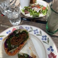Shawarma warp, & scotch egg with fries (in the back)  at Cosmic Kitchen in Plymouth