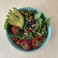 The “zomerse avocado aardbeien salade”. Delicious! at Klein Geluk Ontbijt in Heemskerk