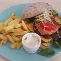 Mexican bean burger with fries. at Klein Geluk Ontbijt in Heemskerk