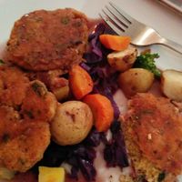 parnsip-mustard fritters meal at Ginger Vegetarian Cafe in Halifax