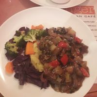 Vegan mushroom stroganoff at Ginger Vegetarian Cafe in Halifax