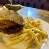 Vegan burger and chips   at The Crown Inn in Biggar