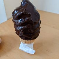Petit size, vegan blueberry soft-serve sorbet, dipped in dark chocolate with nuts at Chocolats Favoris in Montreal