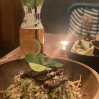 Salad with tempe and home made iced tea   at Crumb & Coaster in Kuta