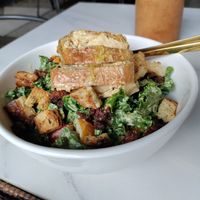 Yum Caesar salad with tofu skin chikin, soy bacon, and garlic croutons at Vistro in Bangkok