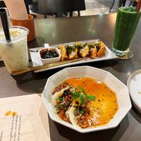 Drinks Garden Gangsta & Pistachio Dream with Vistro Dumplings & Fried Gyoza w/ Asian Salsa Verde at Vistro in Bangkok