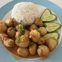 Orange Yogi-Tempura soy protein, orange yogi sauce, cucumber, and green onion. Served with white rice.  at Loving Hut in Orlando