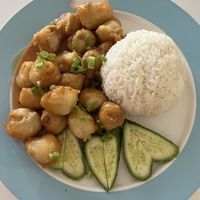 Orange Yogi-Tempura soy protein, orange yogi sauce, cucumber, and green onion. Served with white rice.  at Loving Hut in Orlando