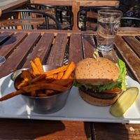 Vegan burger with yam fries (and vegan ranch) at Earls Kitchen + Bar in Banff