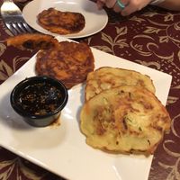 Combo of vegetable pancakes and kimchi pancakes  at Silk Road Café in Vermillion