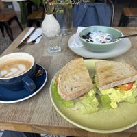 Egg sandwich, more like egg salad with latte and a special yogurt and fruit plate they made me  at Parlé Pantry in West London