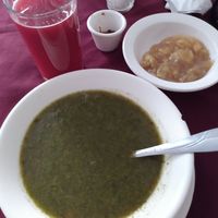 Spinach soup and banana mash dessert at Govinda's in Ibague