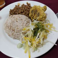 Meal of the day (rice, salad, lentils, broccoli fritter) at Govinda's in Ibague