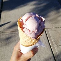 Plant-based strawberry Ice Cream with vegan waffle cone. at Pom Pom in Thornbury