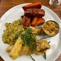Vegan fish and chips  at Indigo Greens - Duke St Market in Liverpool