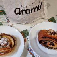 Peach and pistachio pastry and chocolate hazelnut pastry at Piekarnia Aromat in Warsaw