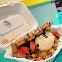 Vegan bubble waffle: biscoff, strawberry, ice cream & chocolate sauce at Kawaffle in Plymouth