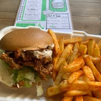 Cluck off burger. Crispy Oyster mushrooms yummy.  at Sacred Space in Hebden Bridge