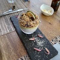We shared a chia pudding with coconut milk, avocado infused with citrus and granola. Creative and tasty!  at Know Where in Hyeres