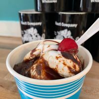 Vegan coconut soft serve with chocolate sauce.  at Nauti Cow in Oak Bluffs