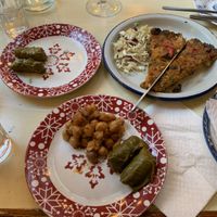 Chickpeas, vegetable tart, cabbage dumplings  at Yiasemi in Athens