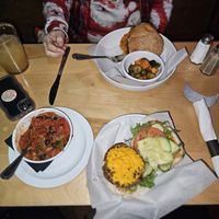 Original veg burger and vegan chili! at Labyrinth Press Company in Jamestown