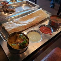 Onion masala dosa (foreground), vegetable uthappam (background) at Masala Spice in Goleta