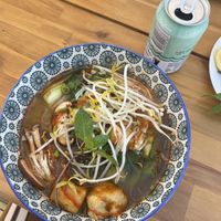 Tom yum pho and vegan mint and cucumber seltzer   at Pholklore in Torquay