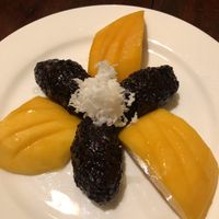 Sticky red rice with coconut and mango at Romdeng in Phnom Penh