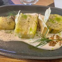 Roast zucchini w/ almond milk, green capsicum oil, cauliflower and onion cracker. This dish was special. at Ballard's in Thornbury