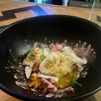 marsh mellow and meringue w/ beetroot sherbet, coconut and mango cake. Ballards best dessert I've tried at Ballard's in Thornbury