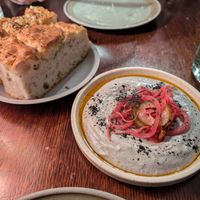 Burnt Eggplant dip with smoked tomato oil and Housemade Focaccia at Ballard's in Thornbury