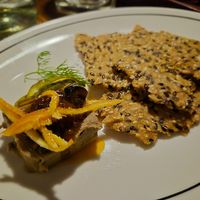Mushroom parfait w/zucchini relish+sesame cracker $14: lovely pate texture tastes of truffle, delish seeded cracker (but oily), AMAZING candied citrus strips at Ballard's in Thornbury