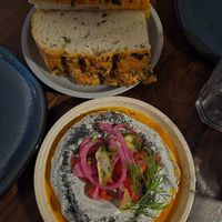 Burnt eggplant dip w/fresh focaccia, surprise pickles+smoked tomato oil $16: delish as always at Ballard's in Thornbury