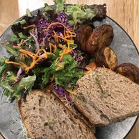 Breakfast sandwich (egg/bacon inside! Taste is actually better than I remember animal versions being)  at Hello 123 in Montreal