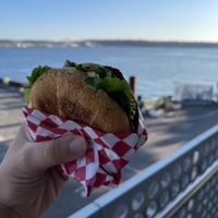 Chicken Sandwich with a view of the sound at Galaxy Rune in Seattle