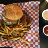 Rune Burger with fries (and a sample of the vegan bacon) at Galaxy Rune in Seattle