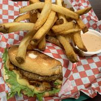 Delicious burger with mushrooms at Galaxy Rune in Seattle