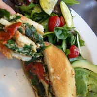 Egg sandwich with "Paleo" style eggs: spinach, tomato and avocado. On gluten free bread. at Grown in Middletown