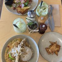 Thai Vegan Penang Curry & Avo on toast with mushrooms, tofu  at Birchwood Jindabyne in Jindabyne