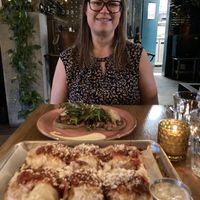 Detroit style pepperoni pizza with ranch to dip. Lion’s Mane Steak - beyond delicious    at Nic's on Beverly in Los Angeles