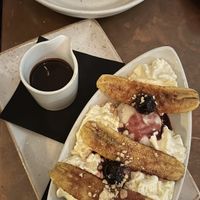 Raspberry cheesecake & banana split  at Nic's on Beverly in Los Angeles