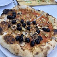 Margarita pizza with no cheese, and with mushrooms and 1/2 olives  at Pizzeria Alle Scalette in Siena