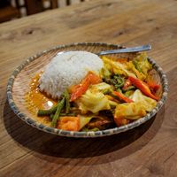 Indonesian veg fish rice sambal pepes with fish pieces made with tofu skin and a sour spicy sauce.
 at Double Durian - VivoCity  in Central Singapore