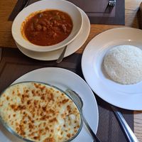 Okra in red sauce and chicken lasanha at Vegan In Our House in Cairo
