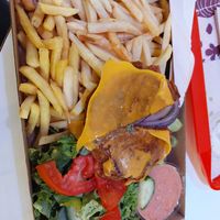 Seitan burger plate with French fries at Las Vegan's - Corvin Plaza in Budapest