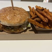 Pulled pork burger and sweet potato fries   at Las Vegan's - Corvin Plaza in Budapest