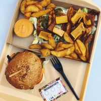 Lord Seitan plate and Hot Cheeyz burger at Las Vegan's - Corvin Plaza in Budapest