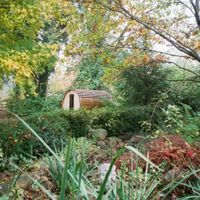 View of sauna from across the koi pond at Old Caledonian Bed & Breakfast in Caledonia